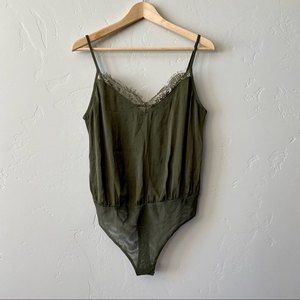 Socialite Women’s Lace Trim Satin Bodysuit Green NWT